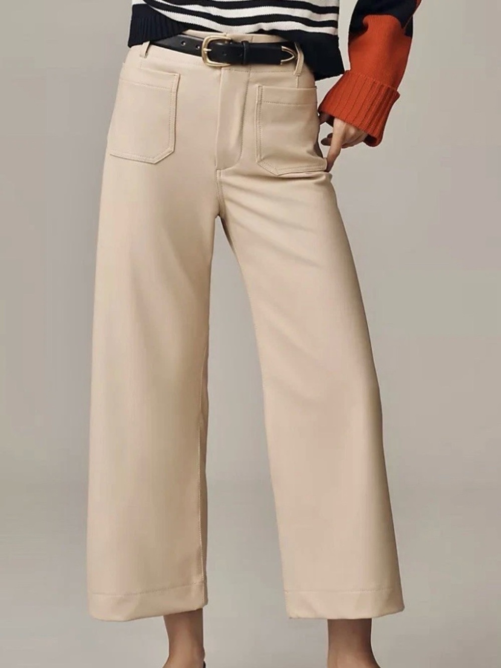 Maeve Colette Faux-Leather High-Rise Wide-Leg Cropped Pants in Cream size 28